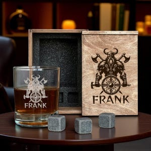 Viking Whiskey Decanter Set Personalized Engraved Norse Axes Valknut Mjolnir Rocks Glasses Wooden Box Custom Name Bourbon Scotch