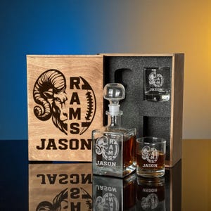 Football Themed Decanter Set Featuring Etched Artwork And Engraved Glasses, Personalized Wooden Box Gift For Sports Fans