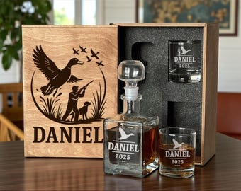 Duck Hunter Gift, Personalized Whiskey Decanter Set, Engraved Rocks Glasses, Wooden Gift Box, Waterfowl Hunting