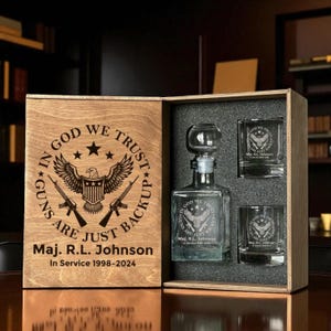 Engraved Army Retirement Whiskey Decanter Set Custom Glasses Military Veteran Gift for Him in Personalized Wooden Box Personalized Glasses
