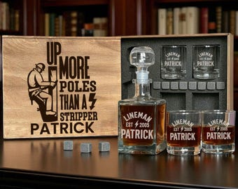Set da whisky personalizzato per elettricisti o operai del settore energetico, con decanter in legno personalizzato e bicchieri incisi.