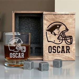 Football Fan Christmas Gift Personalized Whiskey Decanter Set Custom Name Engraved Helmet Design Wooden Box Unique Holiday Gift for Him