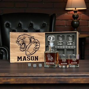 Personalized Whiskey Decanter Football Gift For Men, Set With Rocks Glasses, Custom Name Wooden Box, Sports Fan Christmas Bar Gift