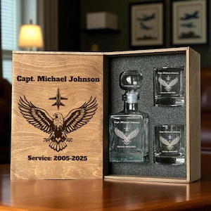Custom Air Force Whiskey Decanter Set Engraved Glasses Pilot Gift for Military Retirement in Personalized Wooden Gift Box
