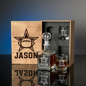 American Football Whiskey Decanter Set With Rocks Glasses, Custom Name Engraved Wooden Box, Christmas Bar Gift For Men