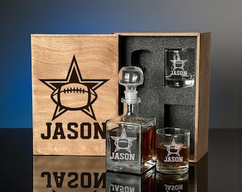 American Football Whiskey Decanter Set With Rocks Glasses, Custom Name Engraved Wooden Box, Christmas Bar Gift For Men