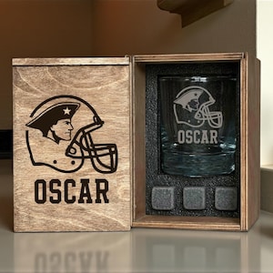 Personalized Christmas Gift for Football Lover Whiskey Decanter Set Engraved Wooden Box Custom Name Football Helmet Design Holiday Gift
