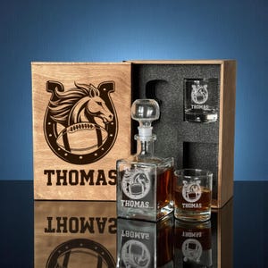 Personalized Football Whiskey Gift Set With Engraved Glasses, Etched Decanter And Custom Wooden Box, Premium Bar Gift For Him