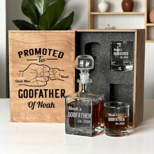 Set di decanter per whisky con incisione &quot;Padrino&quot; promosso a &quot;Padrino&quot; e scatola di legno personalizzata per il regalo di proposta del Padrino