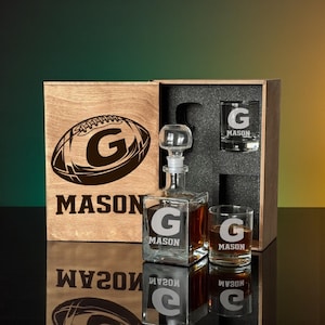 Football Bar Gift For Him, Personalized Whiskey Decanter Set With Whiskey Glasses, Engraved Wooden Box, Sports Fan Christmas Present