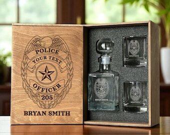 Gift for Police Officer – Personalized Whiskey Decanter Set with Engraved Badge, Law Enforcement Gift Box with Glasses