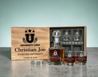 Regalo de graduación para él: juego de decantador de whisky con cristalería personalizada en caja única grabada para hombres.