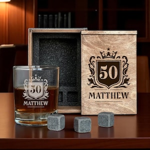 50th Birthday Gift for Husband Whiskey Decanter Set Personalized Engraved Glass Rocks Whiskey Box Milestone Present for Dad or 50 Year Old