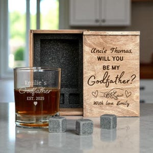 Proposta del Padrino Set di decanter per whisky Bicchieri con incisione Scatola di legno personalizzata Regalo &quot;Sii il mio Padrino&quot; Set di whisky personalizzato per lui