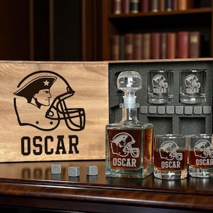 Christmas Football Fan Gift Personalized Whiskey Decanter Set Custom Engraved Name Wooden Box Football Helmet Design Holiday Gift for Men