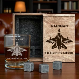 Fighter Pilot Whiskey Decanter Set Engraved Glasses Military Aviation Retirement Gift Custom Wooden Box Present for Airman