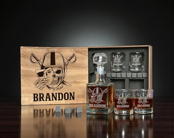Engraved Football Whiskey Gift For Him, Etched Decanter And Matching Glasses With Personalized Wooden Box, Premium Bar Set For Men