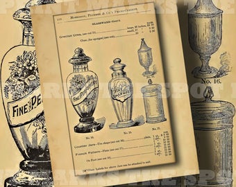 1800's Vintage Apothecary Jars Digital Download 3 Background Collage Sheets Old Pharmacy Drugstore Druggist General Store Perfume Bottle