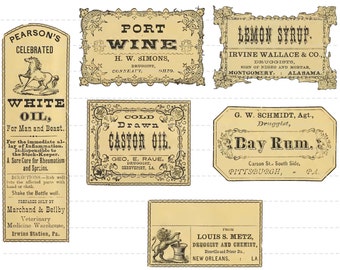 Digital Download Collage Sheet Antique 1800's Vintage Druggist Apothecary Pharmacy Drugstore General Store Bottle Labels 12 Rum Port Wine