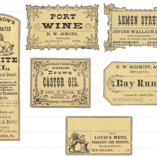 Digital Download Collage Sheet Antique 1800's Vintage Druggist Apothecary Pharmacy Drugstore General Store Bottle Labels 12 Rum Port Wine