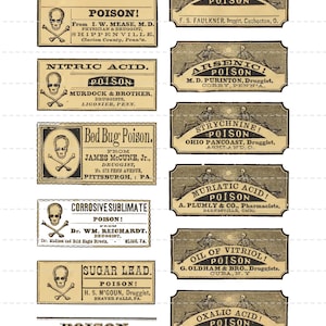 Digital Download Collage Sheet Vintage 1800&#39;s Pharmacy Apothecary Druggist Drugstore General Store Poison Skull & Bones Labels Halloween