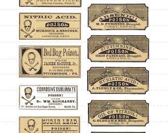 Digital Download Collage Sheet Vintage 1800's Pharmacy Apothecary Druggist Drugstore General Store Poison Skull & Bones Labels Halloween