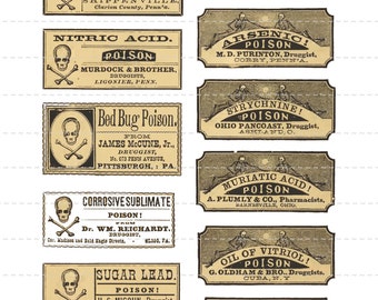 Puede incluir: Una colección de etiquetas de veneno de estilo vintage con un símbolo de calavera y huesos cruzados. Las etiquetas presentan textos como "¡Veneno!", "Ácido Nítrico" y "Azúcar de Plomo", con los nombres de los farmacéuticos y las ubicaciones.