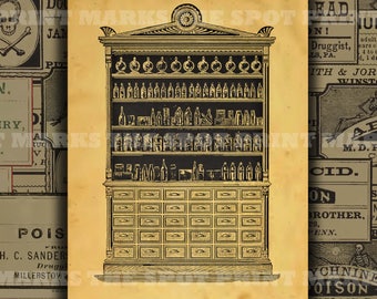 1800's Vintage Apothecary Cabinet Digital Download Background Collage Sheet Old Pharmacy Drugstore Druggist General Store Jar Bottle Labels