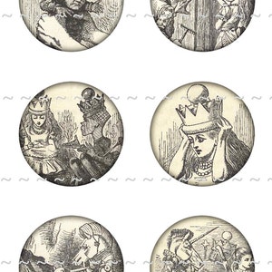 Instant Digital Download Collage Sheet Vintage Alice In Wonderland 1890&#39;s III Bottle Caps 1 Inch Circles White Rabbit Mad Hatter (6)