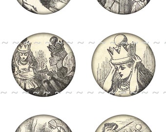 Instant Digital Download Collage Sheet Vintage Alice In Wonderland 1890's III Bottle Caps 1 Inch Circles White Rabbit Mad Hatter (6)