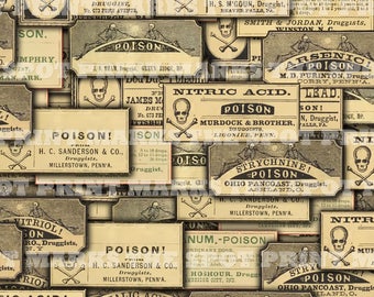 SALE 1800's Vintage Apothecary Poison Labels Digital Download 2 Collage Sheets Old Pharmacy Drugstore Druggist General Store Old Time Bottle