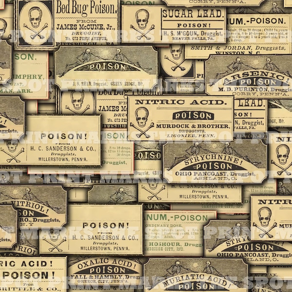 SALE 1800's Vintage Apothecary Poison Labels Digital Download 2 Collage Sheets Old Pharmacy Drugstore Druggist General Store Old Time Bottle