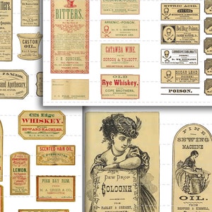 107 Digital Download Vintage Apothecary Labels Anitque Druggist Pharmacy Halloween Poison Oddities Macabre Horror 12 Collage Sheets