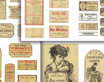 107 Digital Download Vintage Apothecary Labels Anitque Druggist Pharmacy Halloween Poison Oddities Macabre Horror 12 Collage Sheets