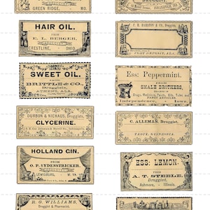 Digital Download Collage Sheet Antique 1800&#39;s Vintage Druggist Apothecary Old Pharmacy Drugstore General Store Bottle Labels 10 (114)