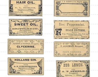 Puede incluir: Una colección de etiquetas de botica vintage con bordes ornamentados y texto negro sobre un fondo crema. Las etiquetas anuncian varios productos, incluyendo aceite para el cabello, aceite dulce, aceite de ricino, menta, glicerina, ginebra holandesa, limón y bicarbonato de sodio. Las etiquetas son de diferentes farmacias y farmacéuticos de los Estados Unidos.