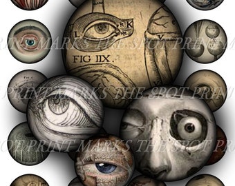 Digital Download Collage Sheet Vintage Victorian Eyes Eyeballs Anatomy Halloween Horror Macabre Oddity 1 Inch Circles Bottle Caps Version 2