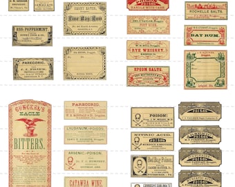 Puede incluir: Una colección de etiquetas antiguas de boticario con nombres como "Castor Oil" y "Poison". Las etiquetas son en tonos beige, rojo y verde, con fuentes e ilustraciones ornamentadas, incluyendo una calavera y huesos cruzados.