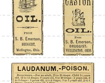 Digital Download Collage Sheet Antique 1800's Vintage Druggist Apothecary Pharmacy Labels 11 Laudanum Oil Poison Skull & Bones (115)