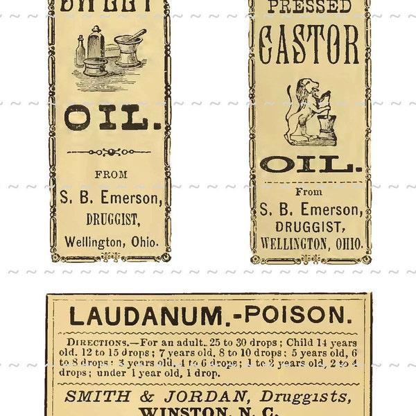 Digital Download Collage Sheet Antique 1800's Vintage Druggist Apothecary Pharmacy Labels 11 Laudanum Oil Poison Skull & Bones (115)