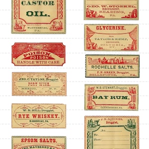 Digital Download Collage Sheet Antique 1800&#39;s Vintage Druggist Apothecary Pharmacy Drugstore General Store Labels Castor Oil Poison 9