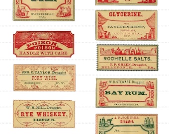 Digital Download Collage Sheet Antique 1800's Vintage Druggist Apothecary Pharmacy Drugstore General Store Labels Castor Oil Poison 9