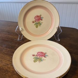 Könnte beinhalten: Satz cremefarbener Vintage-Teller mit rosa Rand und zentralem Rosenmotiv. Die Teller haben einen Goldrand und werden auf einer Holzoberfläche präsentiert. Das florale Design umfasst rosa Rosen und grüne Blätter.