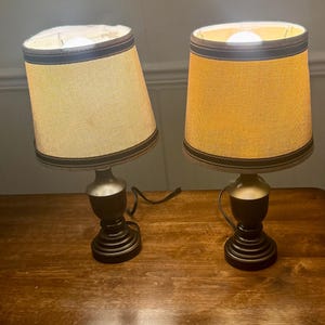 May include: Two matching table lamps with tan fabric shades and dark brown bases. The shades have a dark trim and the bases have a metallic finish. The lamps are plugged in and lit, casting a warm glow.