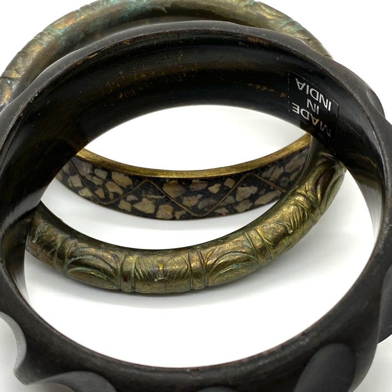 Vintage Bangle Bracelets Set of Three Mixed Bangles Neutrals Brass Inlay Plastic Ebony Wood Made in India