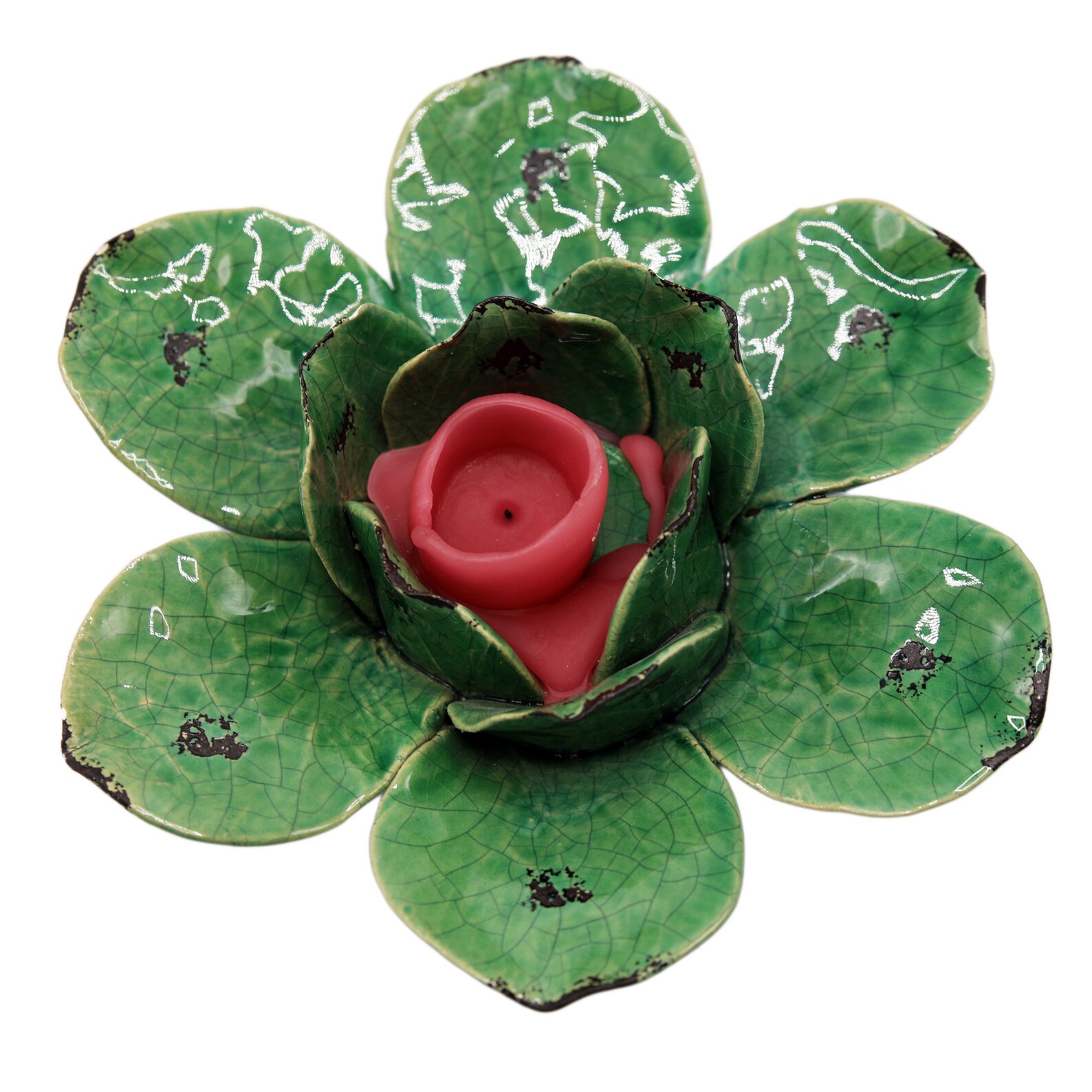 Open Lotus Flower Candle Holder Green Ceramic Floral Art Etsy