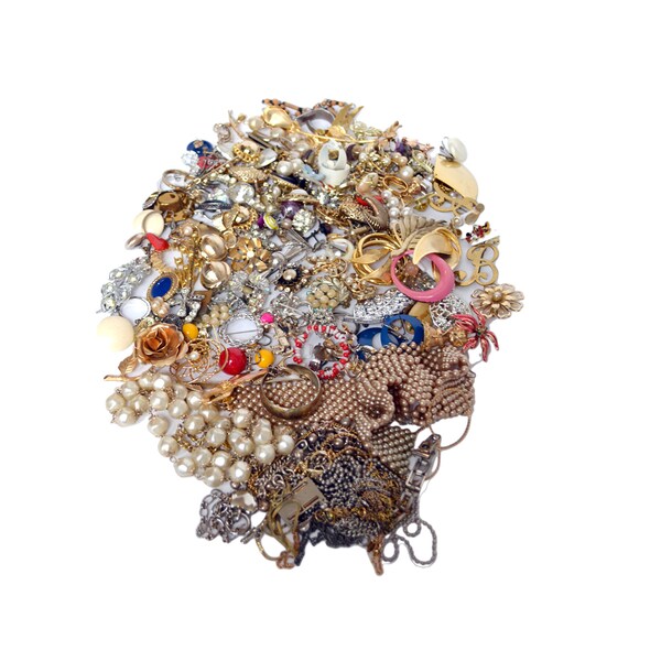Mixed Jewelry Lot, 150+ Pieces Vintage Estate Costume Jewelry, 2 lbs, Earrings, Brooches, Bracelets, and More, Jewelry Maker Supplies