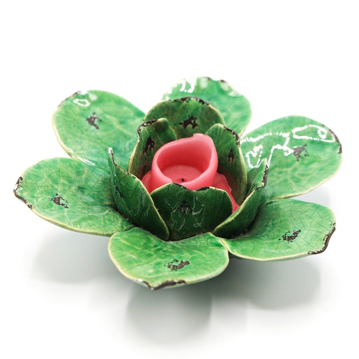 Open Lotus Flower Candle Holder Green Ceramic Floral Art Etsy