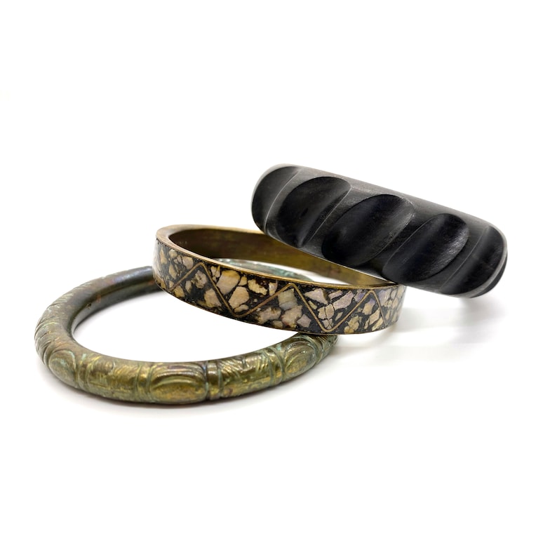 Vintage Bangle Bracelets Set of Three Mixed Bangles Neutrals Brass Inlay Plastic Ebony Wood Made in India