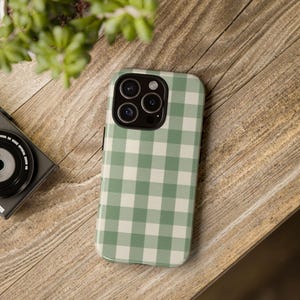 Sage Grün Gingham iPhone Hülle, Vintage Karo Muster, Cottagecore iPhone Schutzfolie